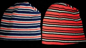 2 boys STRIPED KNIT BEANIE STYLE HATS red blue gray size 2/4T ? GREAT COND! - Picture 1 of 1