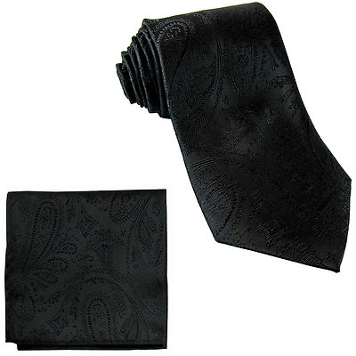 New formal men's Polyester Woven necktie & hankie set paisley black wedding prom - Image 1 of 3