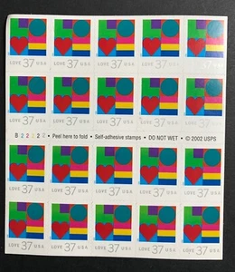 U.S. Stamps SC #3657a. 37¢ LOVE Booklet Pane of 20. P#B22222 - Picture 1 of 2