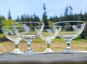 4 Sasaki geätzte Weizen Champagner Coupes Gläser 3" Midcentury Bauernhaus 50er Jahre - Bild 1 von 8