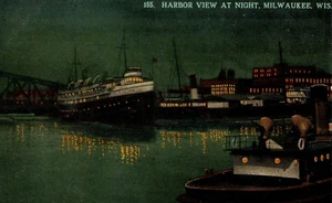 C1910 Milwaukee Harbor Night View Bridge Steamer Ship Postcard WI Wisconsin - Picture 1 of 3