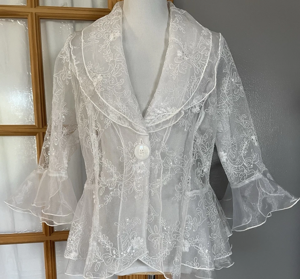 Vtg 60s Embroidered Floral Lace Peplum Blouse L USA Made White Formal Cocktail - Image 1 of 4