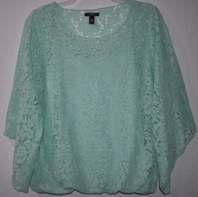 Alfani Woman 2X Lace Floral Overlay Blouse Long Sleeve Pullover Cami Lined Aqua - Image 1 of 4