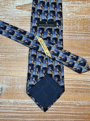 ERMENEGILDO ZEGNA Men's 100% Silk Necktie ITALY Luxury Geometric Blue/Gold 40” - Image 1 of 4