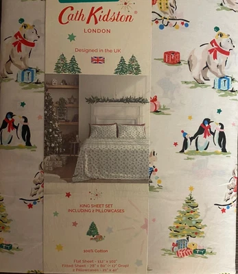 NEW Cath Kidston KING 4 pc Sheet Set in Christmas Animals Cream holiday sheets - Image 1 of 4