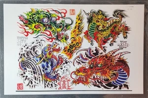 2000 Tim Lehi Traditional Vintage Style Tattoo Flash Sheet Shop Used Dragons 2 - Bild 1 von 12
