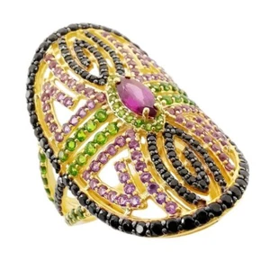 Meher's 3.48ctw Rhodolite, Chrome Diopside & Black Spinel SS Shield Tattoo Ring - Picture 1 of 4