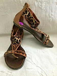 BAMBOO 8.5 M Brown Animal Print Back Zip Sandals w/Leather Insole Flats - Picture 1 of 6