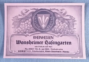 Old Wine Label Sample Label Label Monsheimer Hasengarten Rheinhessen - Picture 1 of 2