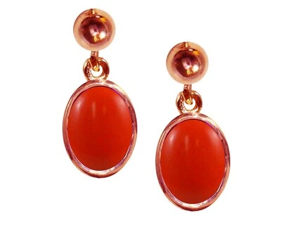 9ct Rose Gold Natural Peach Coral Oval Single Drop Dangling Studs Earrings UK - Image 1 of 4
