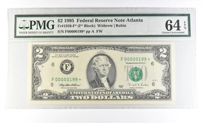 1995 $2 Atlanta GA FRN Fr#1936-F* Star Error Gem Unc 64 EPQ PMG Low Serial *5453 - Image 1 of 3