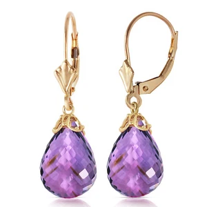 14 Carat 14K Solid Gold Leverback Dangle Earrings Briolette Amethyst Gemstone - Picture 1 of 4