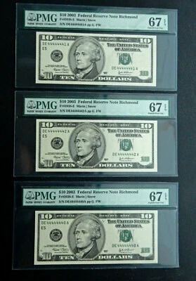 $10 2003 x3 PMG 67 Near solid 4's consecutive serial 44444441,2,3 Richmond Fancy - Image 1 of 2