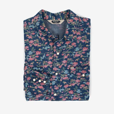 Men's Salt Valley Denim Floral Print Western Pearl Snap Shirt Slim Fit Size M - Image 1 of 4