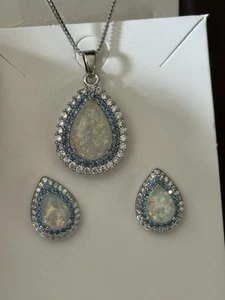 Pear Cut Fire Opal With Silver Plated Blue Rhinestone Necklace And Earrings New - Picture 1 of 12