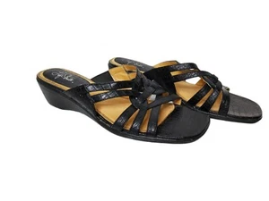Women's Life Stride "Madrigal" Strappy Slip- On Black Faux Leather Wedge Sandals - Picture 1 of 4