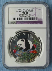 1999 China Silver Panda Color Proof 1oz .999 Silver 10 Yuan - NGC Obv Scratched - Picture 1 of 10