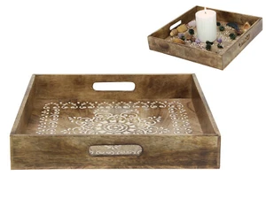 Serving Tray 31cm Rectangle with Mandala Carved Inlay Boho Home - Picture 1 of 1
