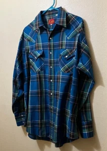 Vintage Ely Plains Men's Blue Plaid Flannel Pearl Snap Long Sleeve Shirt Large - Picture 1 of 5