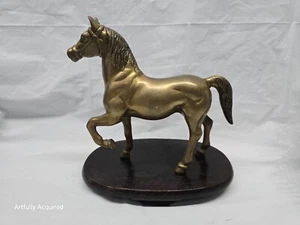 vintage brass horse statue 8.5 inches with asian wood stand - Picture 1 of 23