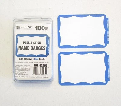 100 BLUE BORDER BADGES NAME TAGS LABELS ID STICKERS PEEL AND STICK ADHESIVE - Image 1 of 4