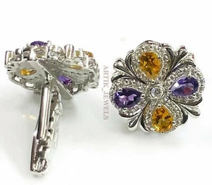 Natural Citrine & Amethyst Gemstone with 925 Sterling Silver Cufflink #2062 - Picture 1 of 5