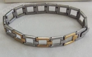 Brazalete de acero inoxidable con tono dorado abierto cadena de trabajo con cierre de eslabón #ST330 - Imagen 1 de 5