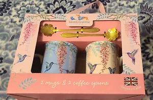 Set 2 tazze e 2 cucchiai Bluebird & Willow Studio colibrì osso floreale Cina nuovo - Foto 1 di 7