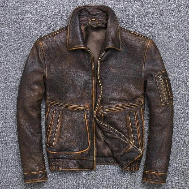 Men American Pilot Air Force Vintage Brown Maroon Black Real Leather Jacket - Image 1 of 4