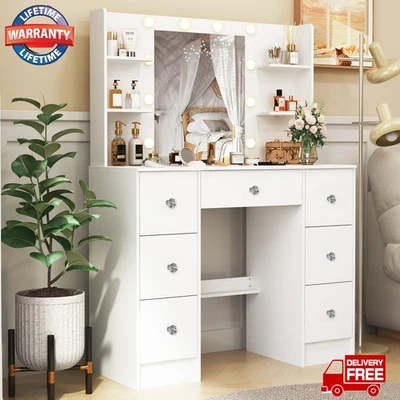 Bedroom Make Up Vanity Desk 7 Drawers Dressing Table w/ LED Mirror 6 Open Shelf - Image 1 of 4