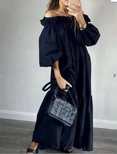 H&M Trend Bardot Off Shoulder Tiered Voluminous Poplin Maxi Dress Black L NWTs - Picture 1 of 14