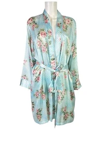 Morgan Taylor Intimates Robe Blue Floral Roses Long Sleeve Belted Short Size XL - Picture 1 of 11