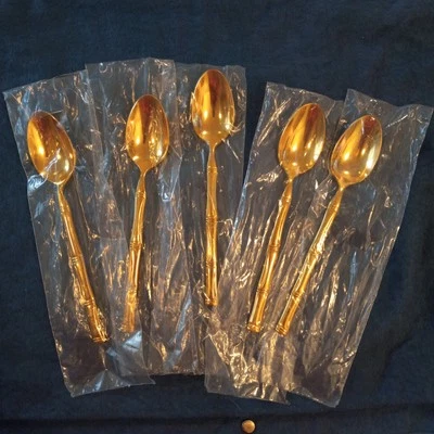 NOVO Lote de 5 Colheres de Aço Inoxidável Vintage Washington Forge Kona Bambu Dourado MCM - Imagem 1 de 4