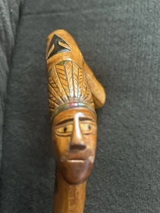 Folk Art Hand Carved Wooden Indian Walking Stick  Two Indian Faces  37" Long - Picture 1 of 17