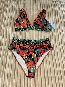 NWT Hilinker Leopard Bikini Swimsuit V Neck High Waisted 2 Piece Women's XL NEW - Picture 1 of 2