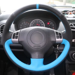 Black Blue Genuine Leather Sued Steering Wheel Cover for Suzuki SX4 Alto Swift - Picture 1 of 12