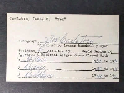 Tex Carleton (d.1977) Signed Autograph Index Card Debut 1932 St Louis Cardinals - Image 1 of 2