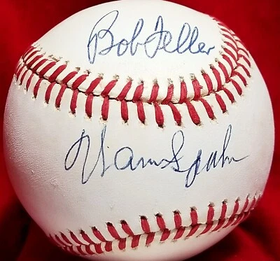 BOB FELLER & WARREN SPAHN Dual Signed ONL Ball HOF vtg Indians Braves Team - Image 1 of 4