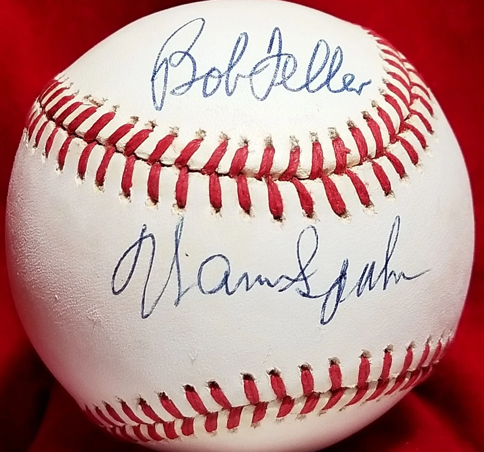 BOB FELLER & WARREN SPAHN Dual Signed ONL Ball HOF vtg Indians Braves Team - Image 1 of 4