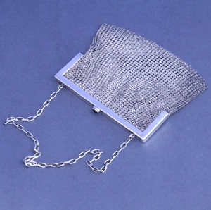 Antique Chain Link Mesh Purse with Blue Stone Cabochon Push Button Clasp - Picture 1 of 9