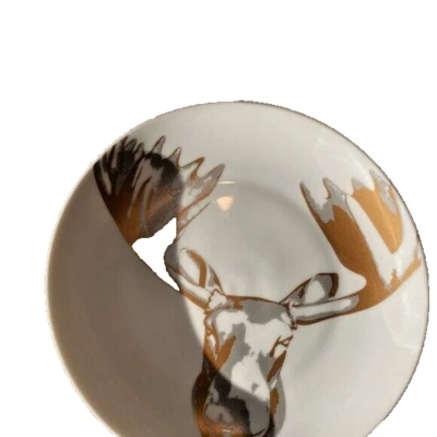 Set  4 ZGallerie GOLDEN ANTLER 7.5" Appetizer Plates, Silver Gold Look on White - Image 1 of 4