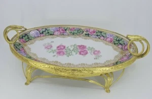 Vintage golden vergoldet farbiges Porzellan Herzstück Teller 17x8,75x5" - Bild 1 von 7