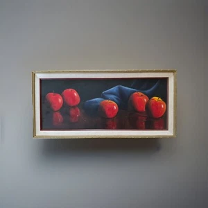 FINEST SIGNED MYSTERY STILL LIFE RED APPLES OIL PAINTING 28.5" X 13.5" FRAMED - Picture 1 of 13