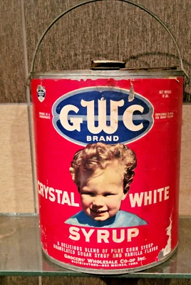 1930/40 年代复古 GWC 水晶白色 SYRUP 锡罐批发 DES MOINES IA — 第 1/4 张图片