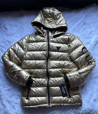MSRP $250 Guess Gold Black Quilted Nylon Hooded Zip Puffer Coat Mens Size Medium - Image 1 of 4