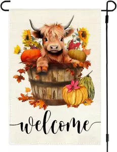 Fall Garden Flag 12X18 Inch Double Sided for Outside, Highland Cow Decor Thanksg - Picture 1 of 7