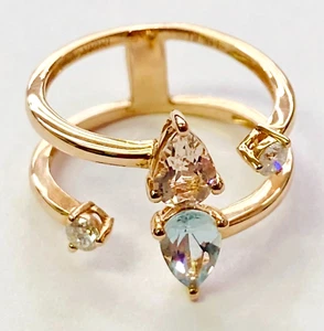 Cirari 14K Solid Rose Gold Aquamarine, Morganite & Diamond Double Shank Ring HSN - Picture 1 of 9