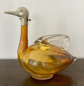 Antique Glass Duck Decanter Claret Carafe Brass Metal Head Czech Amber GORGEOUS - Picture 1 of 13