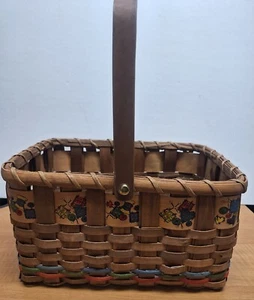 VINTAGE HANDARBEIT geflochtener Naturholz KORB MIT GRIFF mit bunten Nähstreifen  - Bild 1 von 11