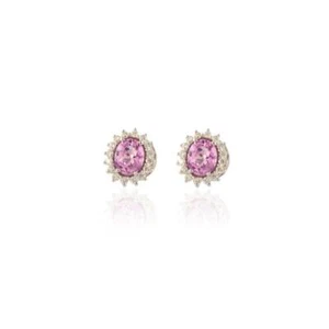 14K White Gold Natural Pink Sapphire and Diamonds Minimalist Halo Studs Earrings - Picture 1 of 5
